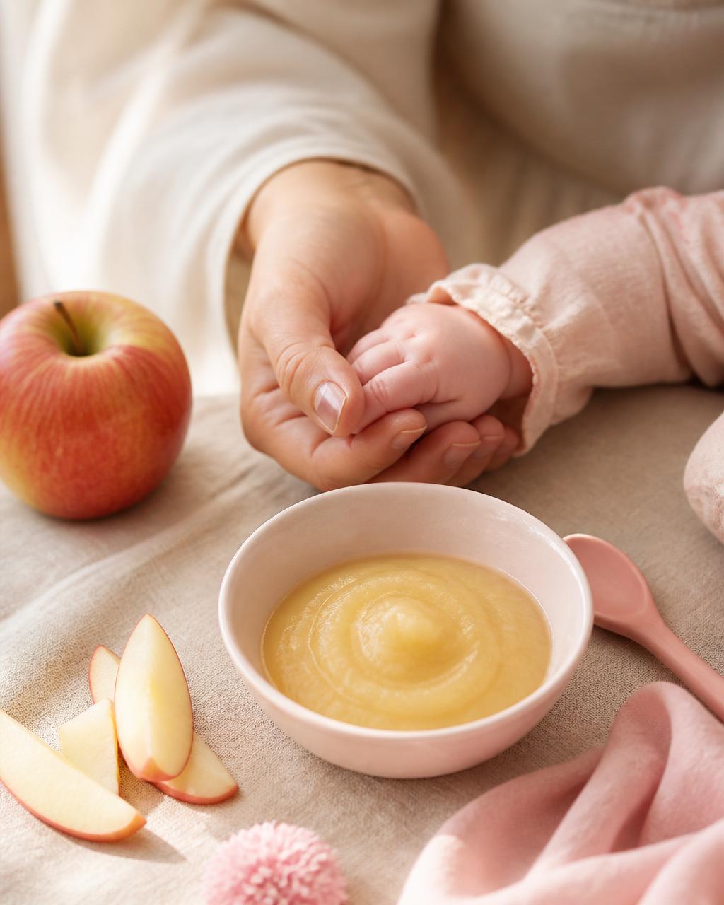 Mano de madre sosteniendo la mano del bebé junto a un bol con puré de manzana